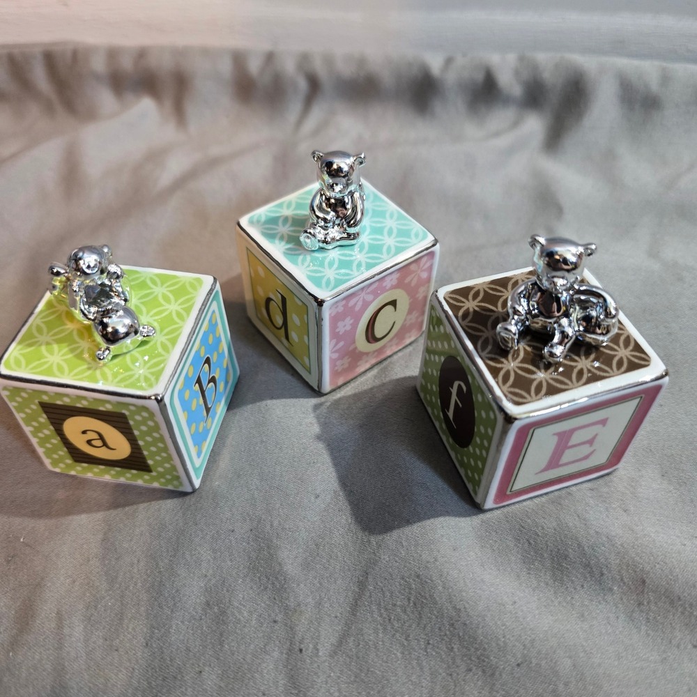 Grasslands Road Ceramic Alphabet Baby Blocks Set of 3 Silver Teddy Bear ABCDEF